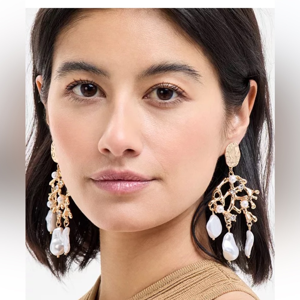 INC International Concepts Gold & White Pearl Dangle Chandelier Earrings